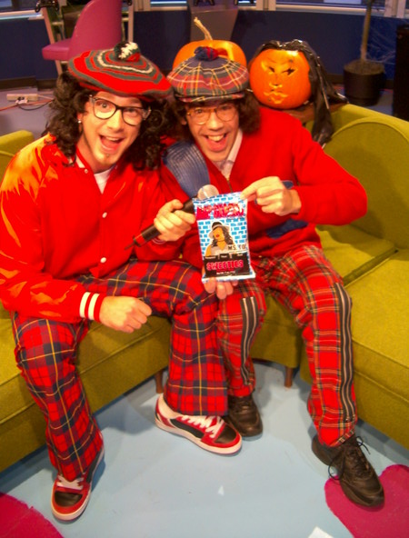 Brian Adler, host of Razer's 969 dressed up as Nardwuar for their Hallowe'en show. He also gave Nardwuar some cool gifts, like the bag of "Rap Snacks" that is pictured here! 