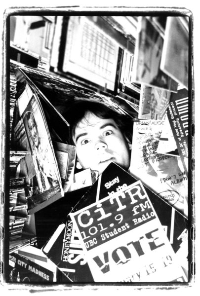 Nardwuar in the CiTR fm 101.9 record Library. Vancouver, BC, Canada.  1996.  (Photo by: Barb Yamazaki)