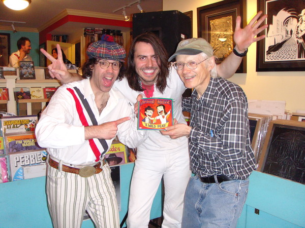 At Neptoon Records "A Wild Pear" record release instore in Vancouver: Nardwuar, Andrew WK and Chad Allan of the Guess Who (who had a little Split LP in the 60s' called "A Wild Pair") (Although Chad was not on it. Chad did sing the most important Guess Who song ever though-- "Shakin' All Over"! )