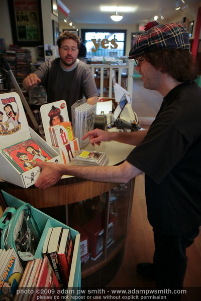 Jamie from Neptoon Records and Nardwuar gettin' ready for the Evaporators / Andrew WK "A Wild Pear" 7inch release instore at Neptoon Records in Vancouver, BC, Canada!  