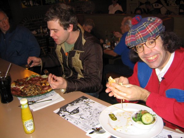 Jay with his Mixed Grill and Nardwuar downing a Skookum Chief!