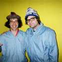 Nardwuar and Ben from Death Cab for Cutie wearing vintage Expo 86 jackets. Pacific Coliseum, Vancouver, BC, Canada.