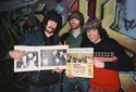 Jesse and Sebastian from Death From Above 1979 and Nardwuar  holding a copy of Jesse's Dad's band's record. ( David Clayton Thomas and The Shays A Go Go ) 