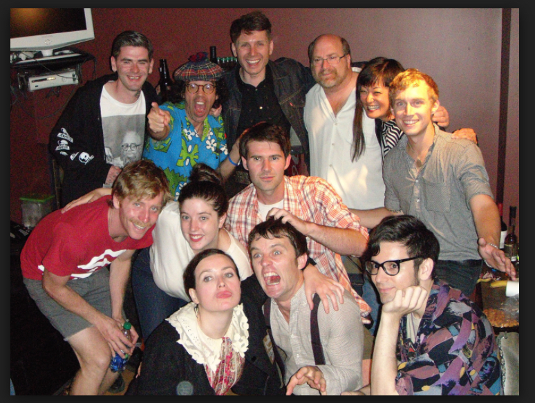 Franz Ferdinand, Nardwuar, The Carnivores, Rob from Neptoon Records,  backstage at the Commodore Ballroom. Vancouver BC, Canada
