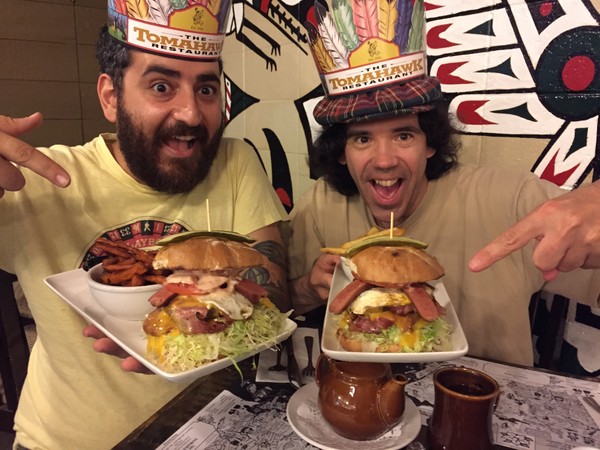 Johnny Sarkis and Nardwuar holding (then eating!) the "Skookum Chief Burger" ! Tomahawk BBQ, North Vancouver, BC, Canada! 