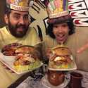 Johnny Sarkis and Nardwuar holding (then eating!) the "Skookum Chief Burger" ! Tomahawk BBQ, North Vancouver, BC, Canada! 