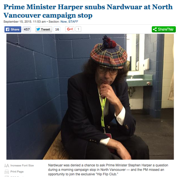 Nard Sad . No Hip Flipping with Harper. Canadian Election 2015, Canlan Arena, North Vancouver, BC, Canada!