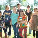 Nardwuar backstage with William, Jeremy and Sarah  from the Arcade Fire and their crew! Deer Lake Park. Burnaby, BC, Canada!