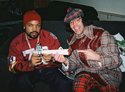 Nardwuar giving Ice Cube a 'Cheech and Chong Incense Burner' on the set of the movie, "Are We There Yet". East Vancouver, BC, Canada.