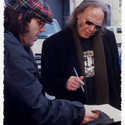 Nardwuar and Neil Young. Queen Elizabeth Theatre Stage Door, Vancouver, BC, Canada. (Photo by lincoln Clarkes)