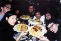 L-R: Lisa Marr, Ronnie of The Muffs, Julie Marr, Glen Winter, Nardwuar (snorting Skookum Chief thru straw), Leora Kornfeld, Megan Barnes at, where else, but  The Tomahawk BBQ!  