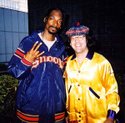 Snoop Doggy Dogg, Nardwuar, on the rooftop plaza of the  Metropolitan Hotel, Vancouver, BC, Canada, Aug 14, 2002.
