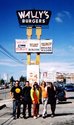 Chris Nelson, JP 2, Nardwuar, Mark Kleiner,  JP 1 dwarfed by the coolest sign, for the almost coolest ( The Tomahawk is #1) burger "barn" in Vancouver, Wally's! Since 1958 Wally's has been serving up them tasty burgers. You can also blame Wally's for the band Trooper as they all met in the parking lot!